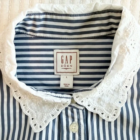 Gap x DÔEN Blue Striped Button Down Shirt with Eyelet Lace Collar - Picture 6 of 10
